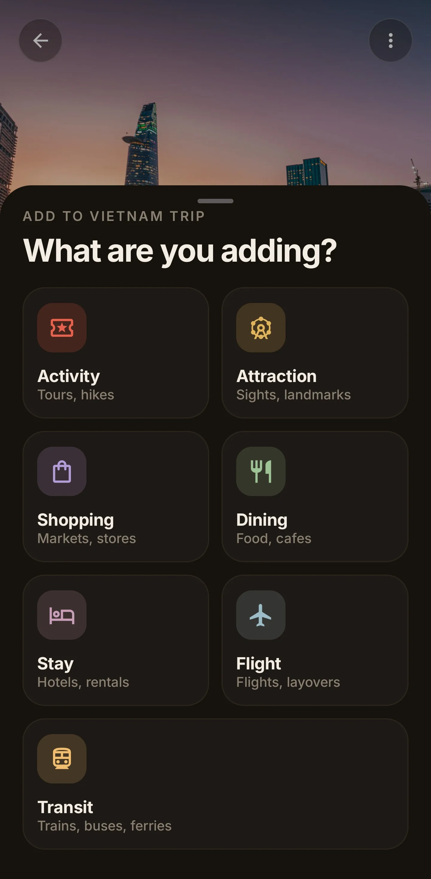 Voyivo add itinerary item screen
