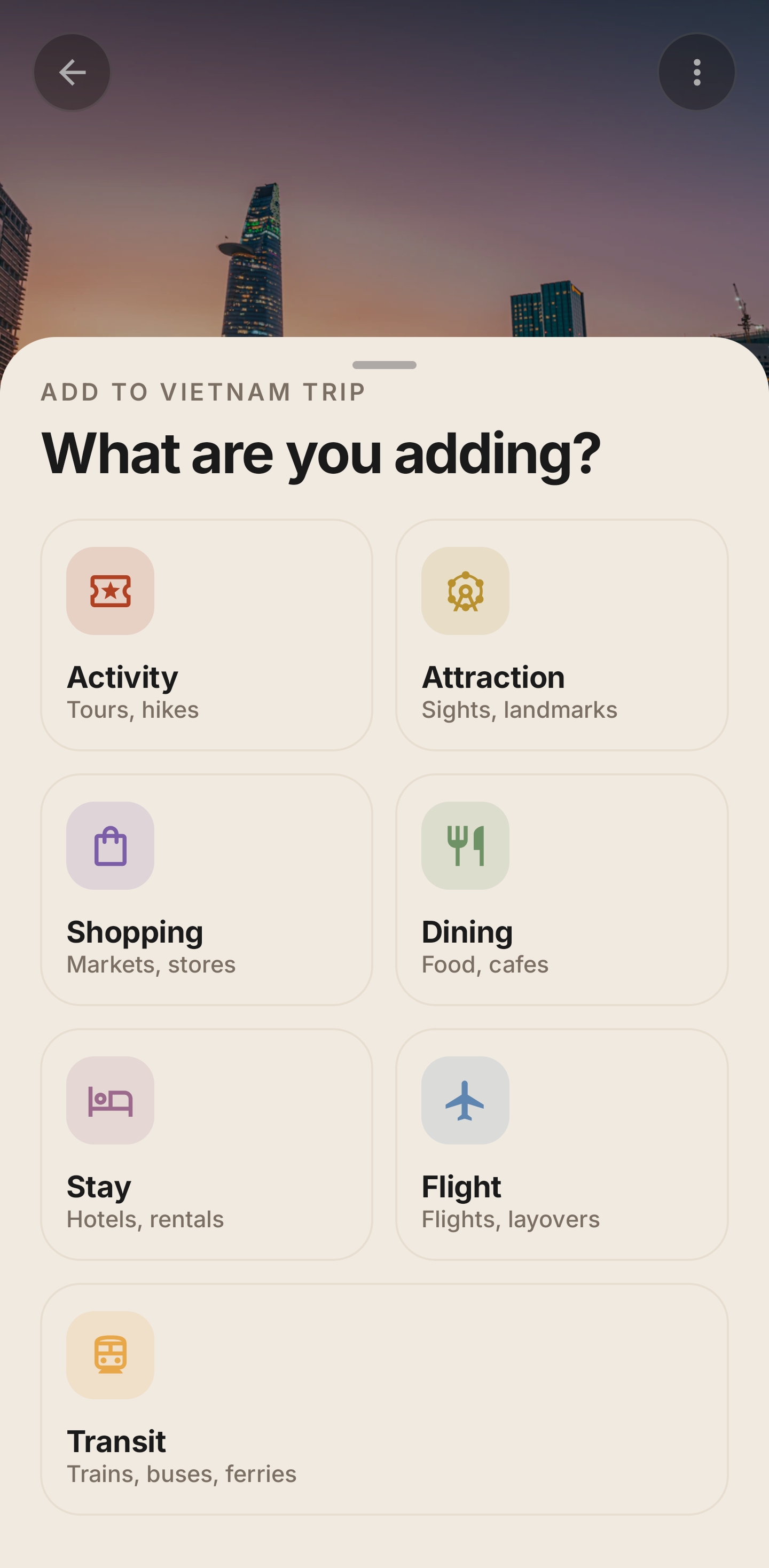 Voyivo add itinerary item screen