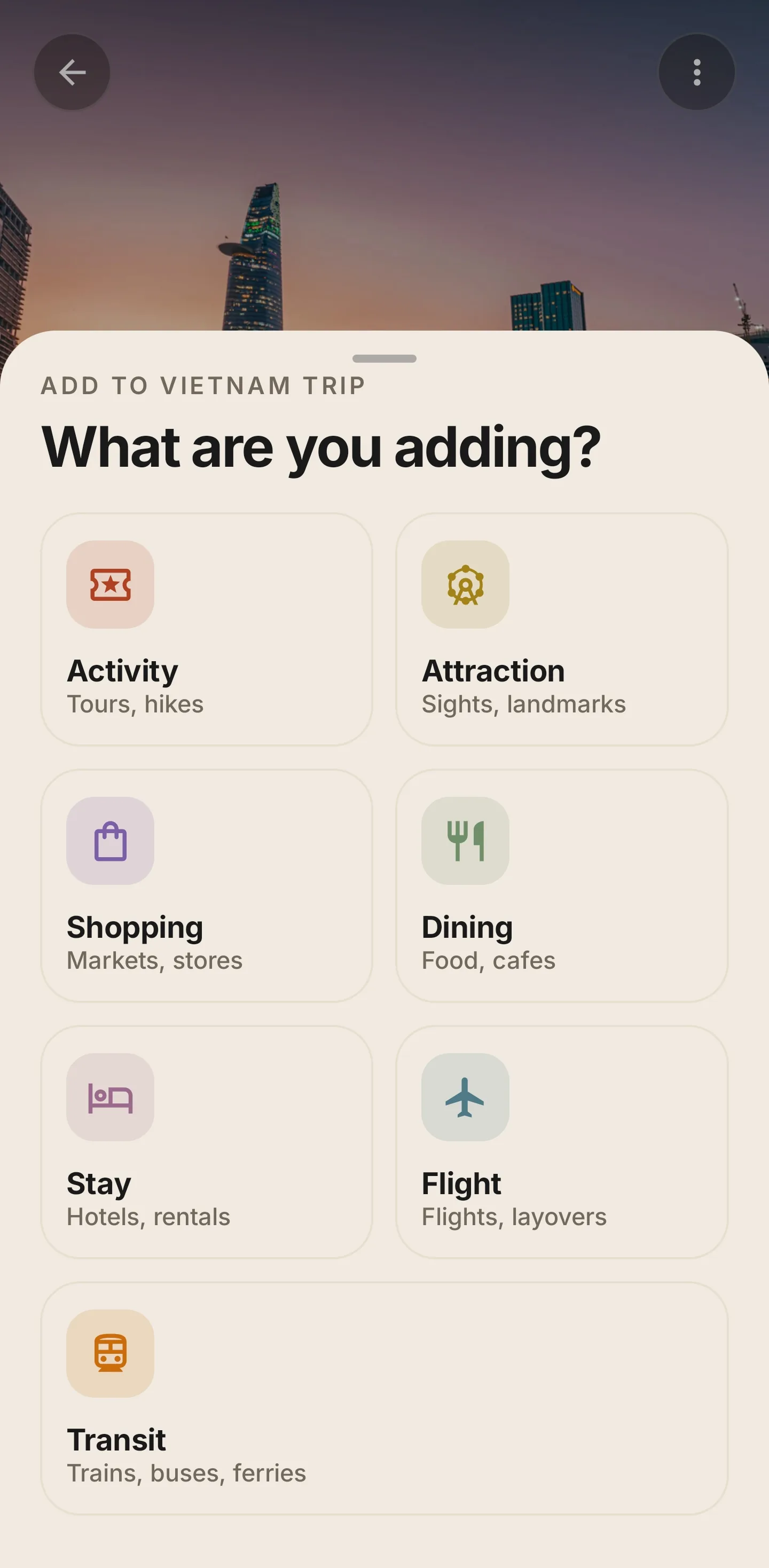 Voyivo add itinerary item screen