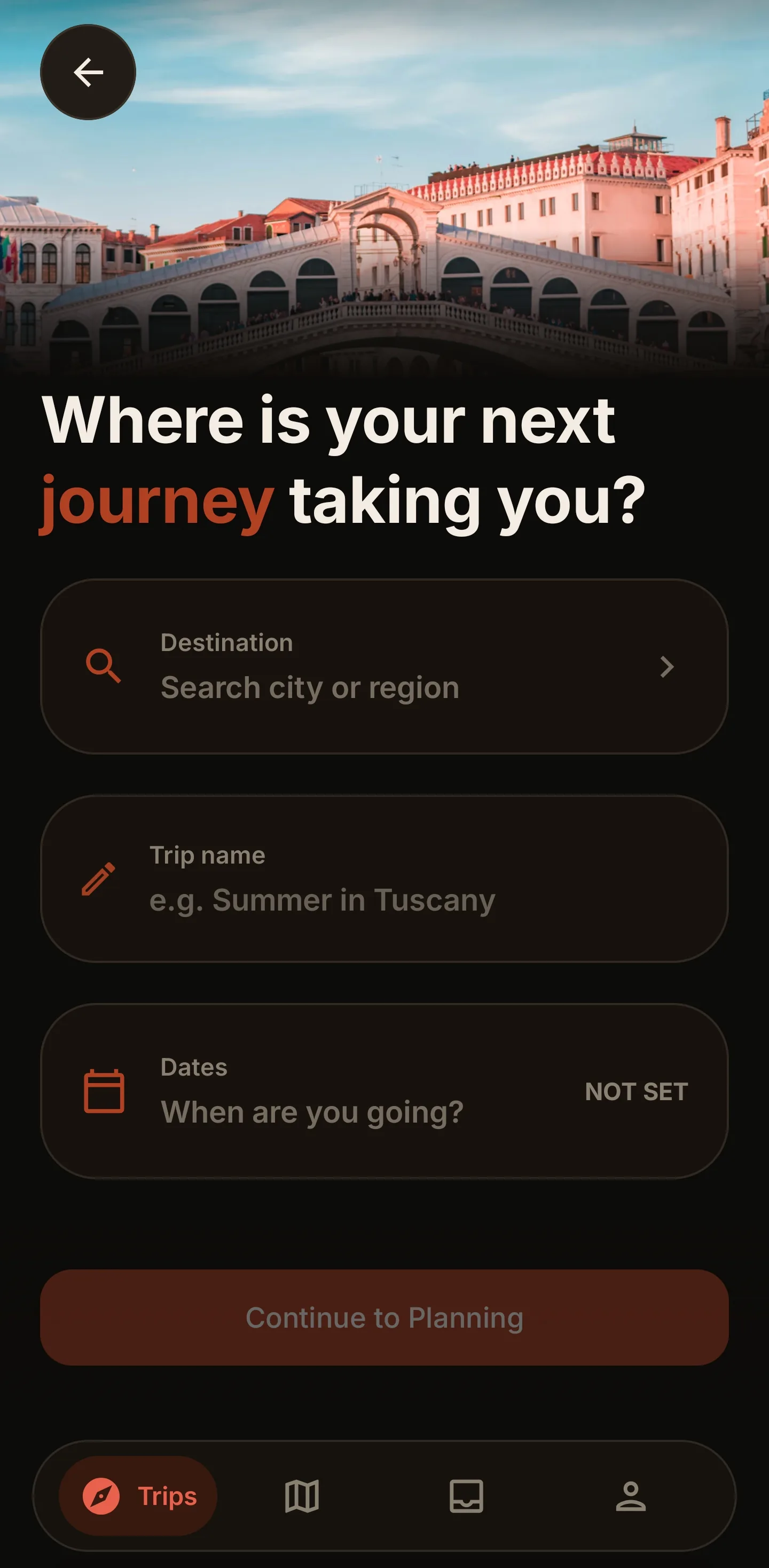 Voyivo create trip screen