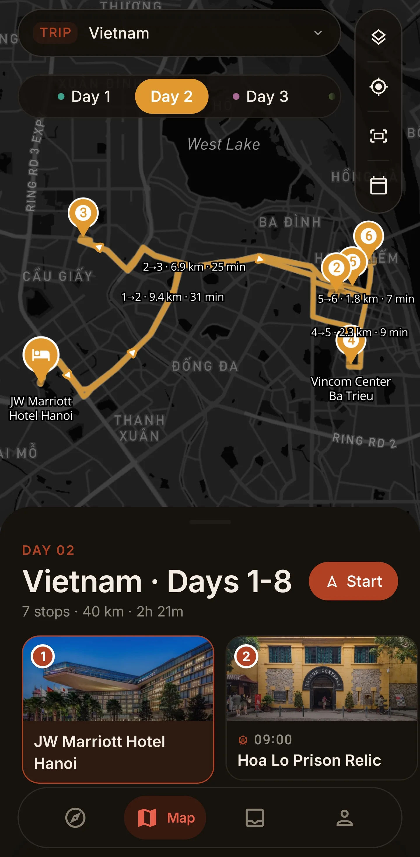 Voyivo map showing a seven-stop route through Hanoi
