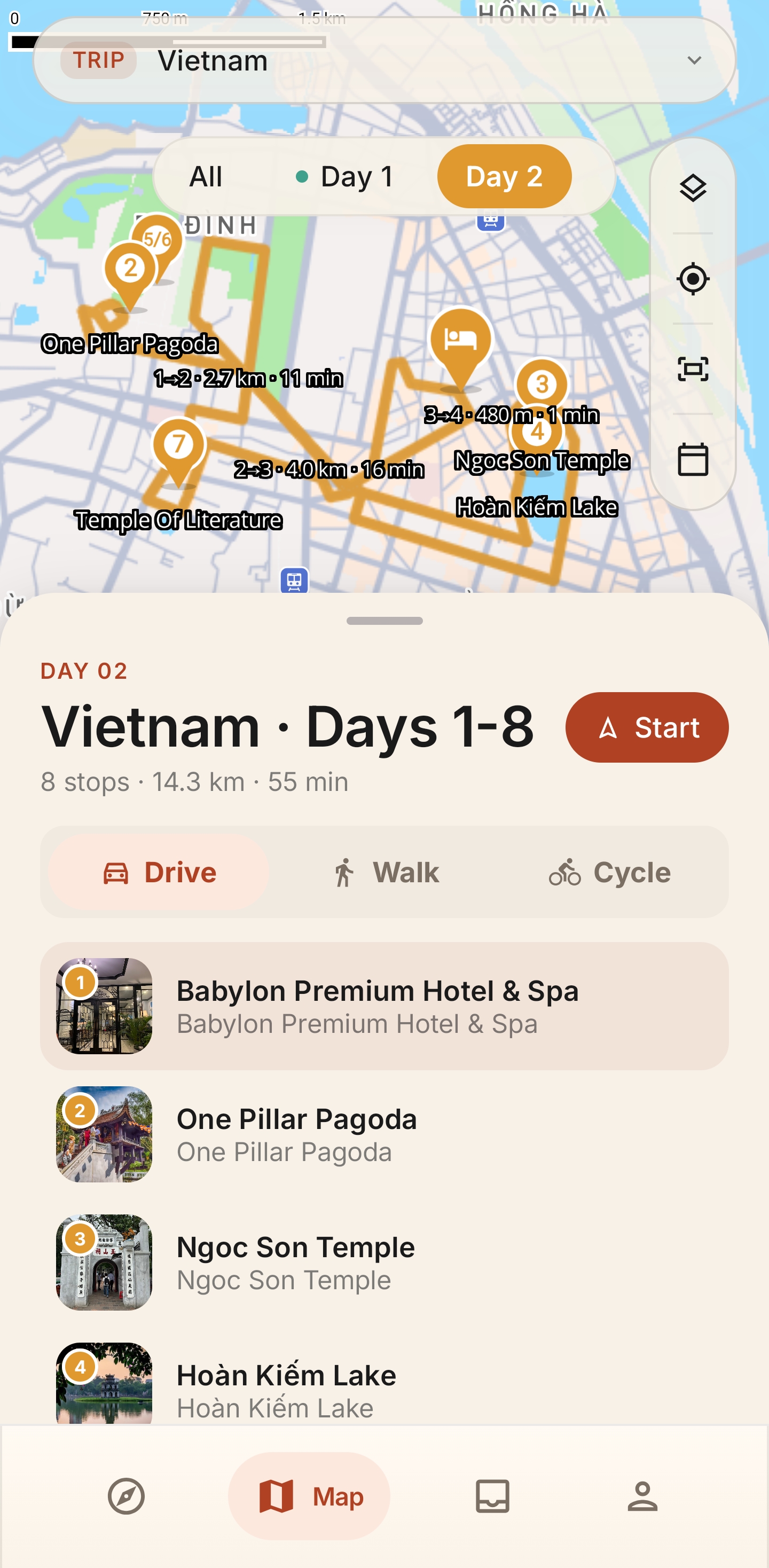 Voyivo map showing an eight-stop route through Hanoi