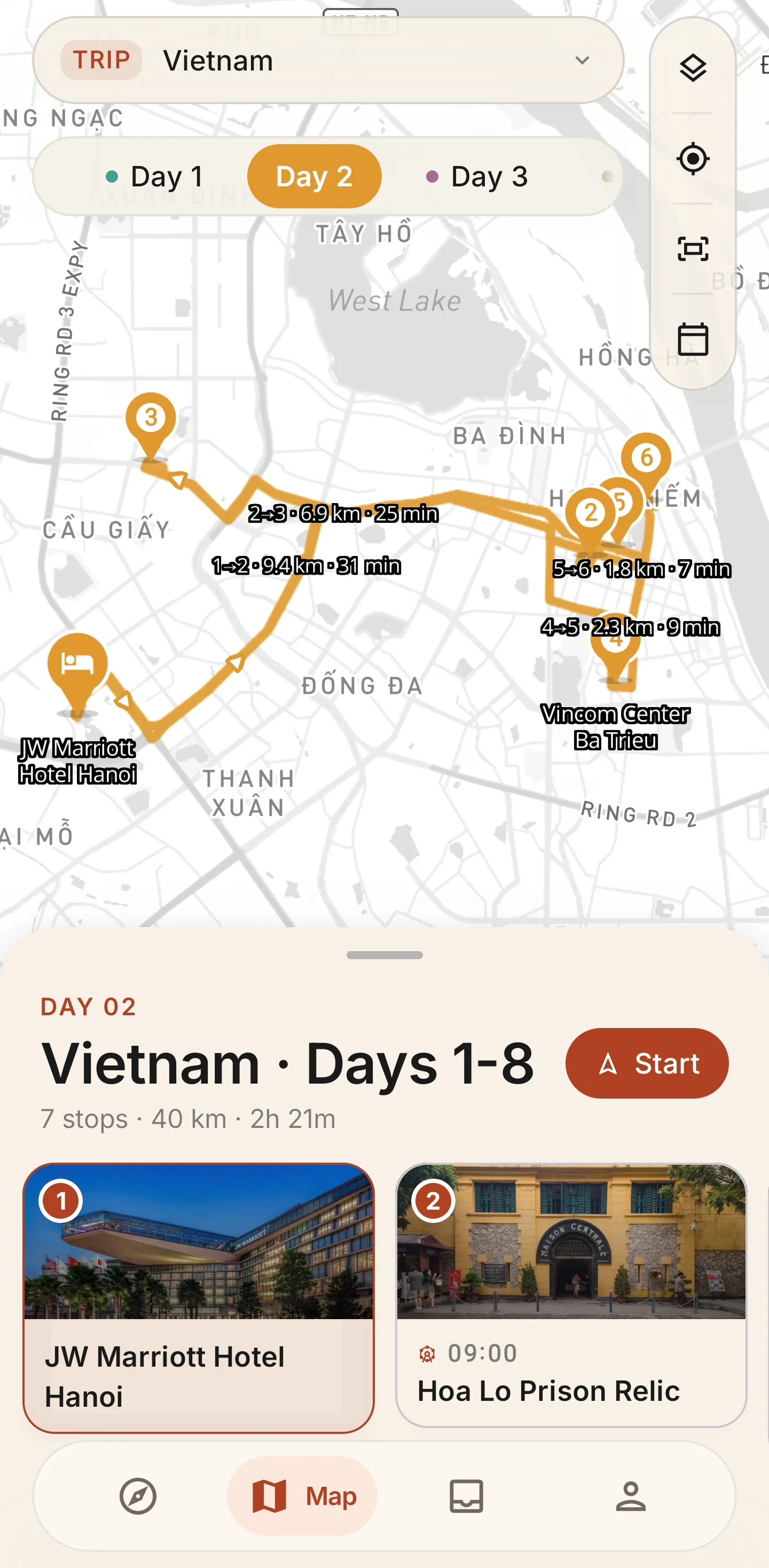 Voyivo map showing a seven-stop route through Hanoi