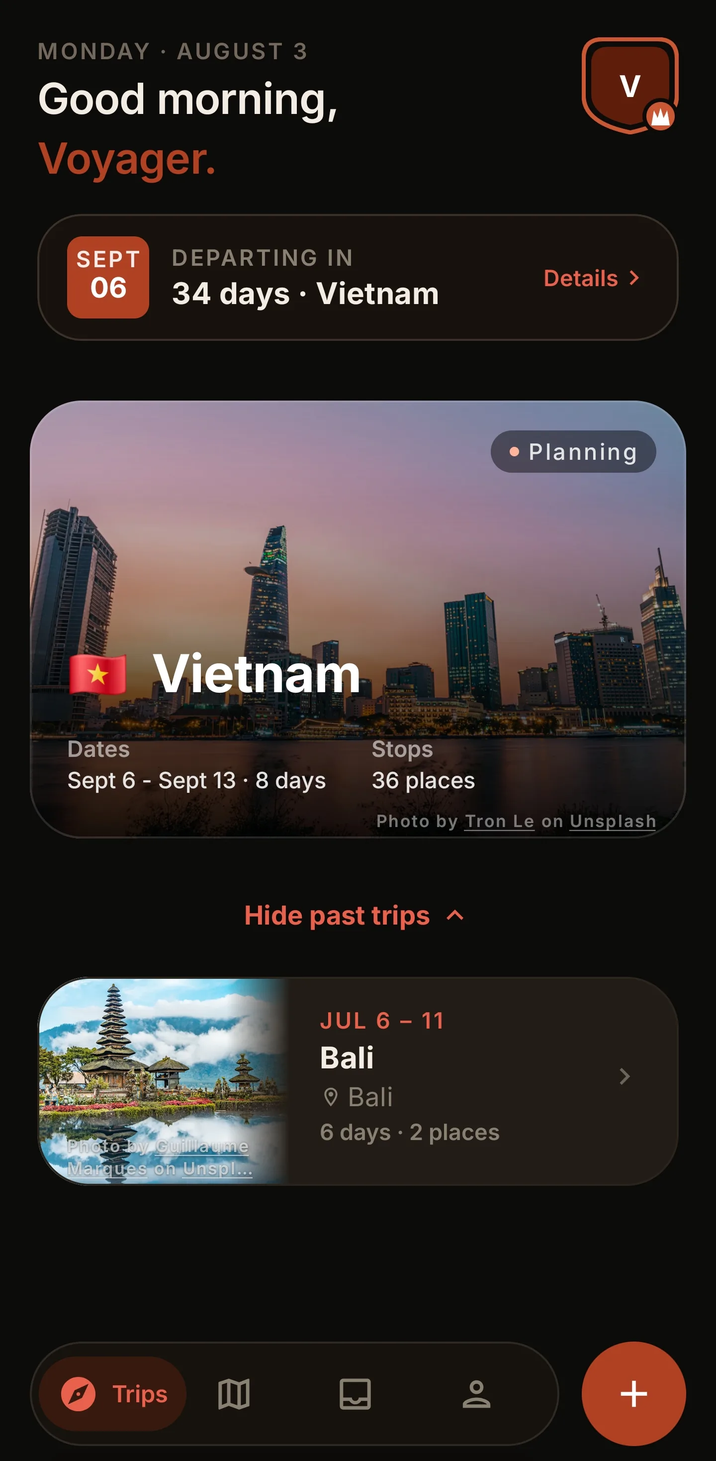 Voyivo trips dashboard showing an upcoming Vietnam itinerary