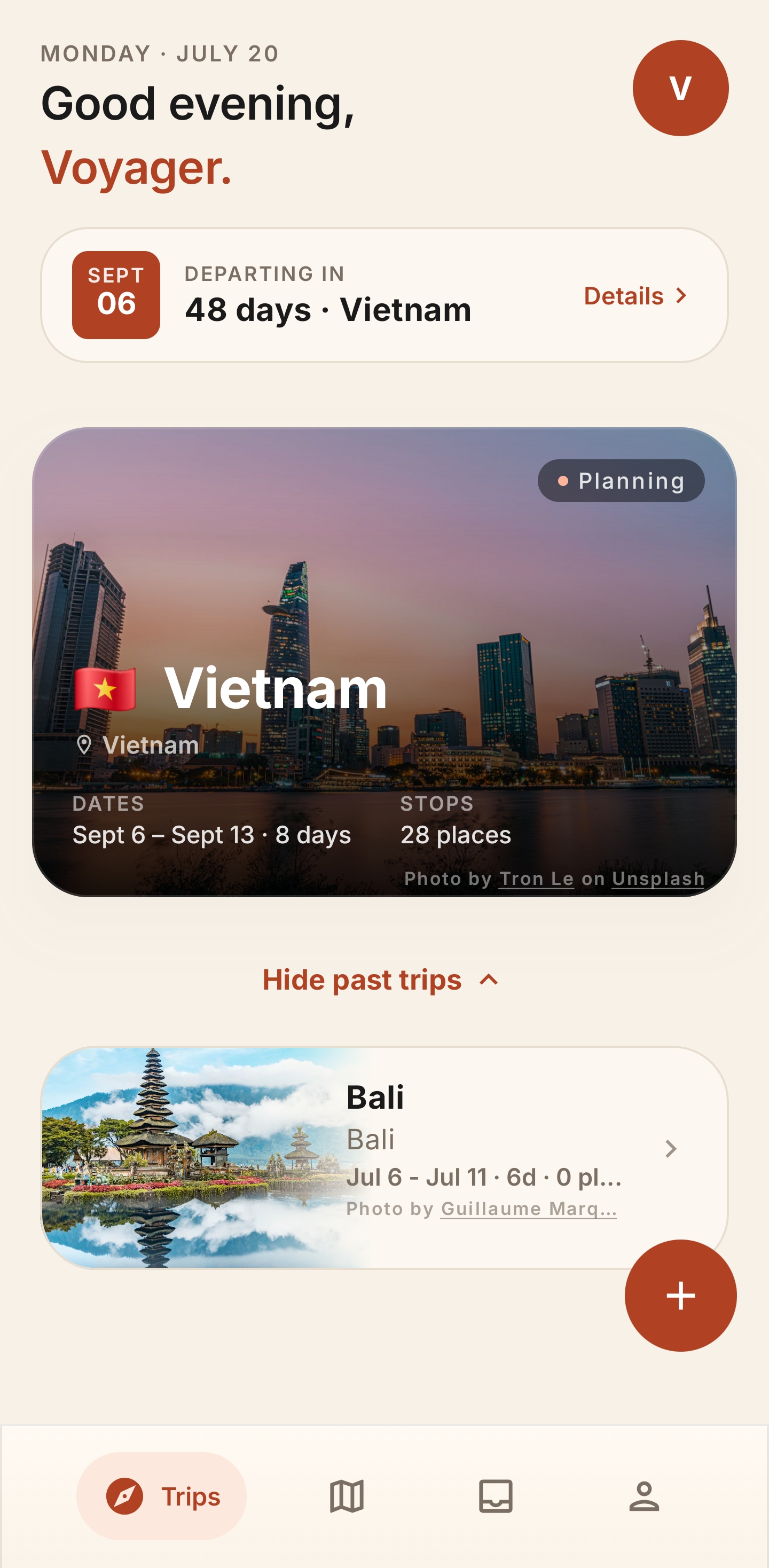 Voyivo trips dashboard showing an upcoming Vietnam itinerary