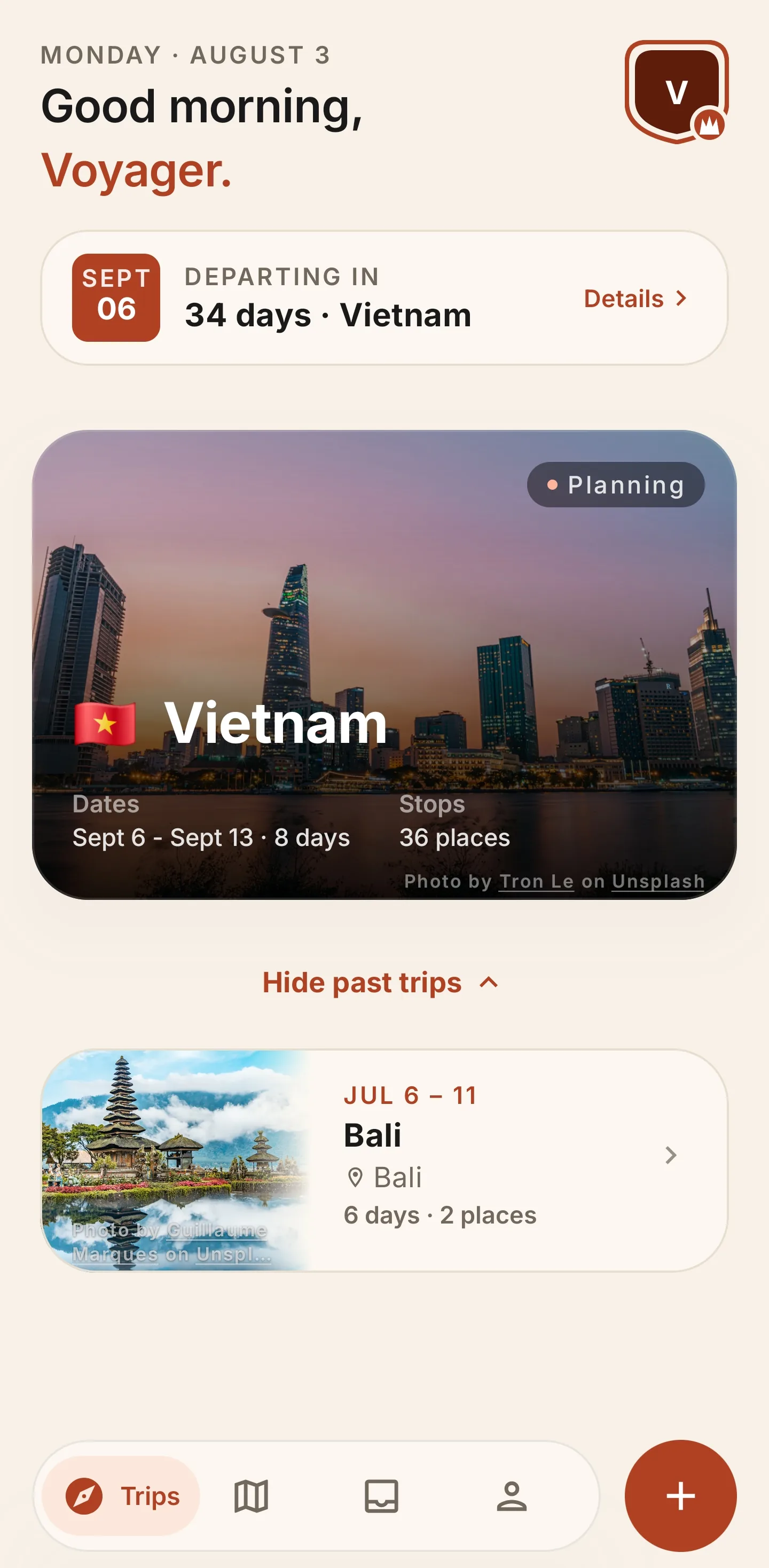 Voyivo trips dashboard showing an upcoming Vietnam itinerary
